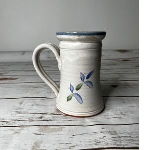Studio Pottery Mug Unisex OS White Blue Floral Signed Artisan Tall Mug